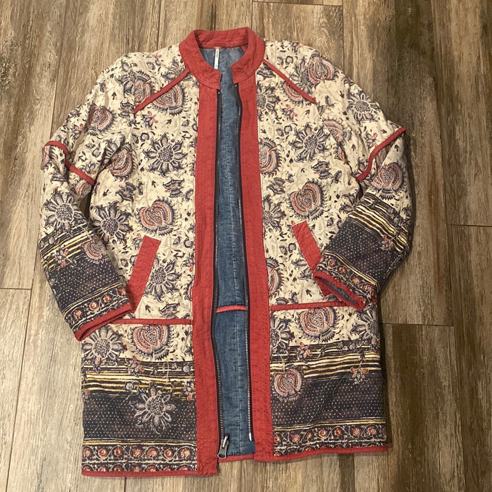 Free People Belario Quilted Reversible Jacket Coat Chambray Denim Abstract